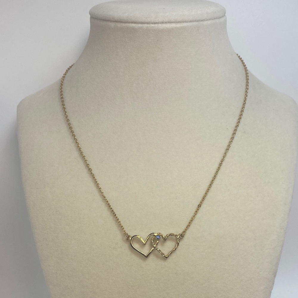 Gold Tone Double Heart Pendant Necklace 15 Inches with Birthstone For September